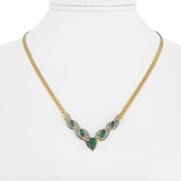 14k Yellow Gold 7.3g Emerald and Diamond Herringbone Pendant Necklace Italy 17