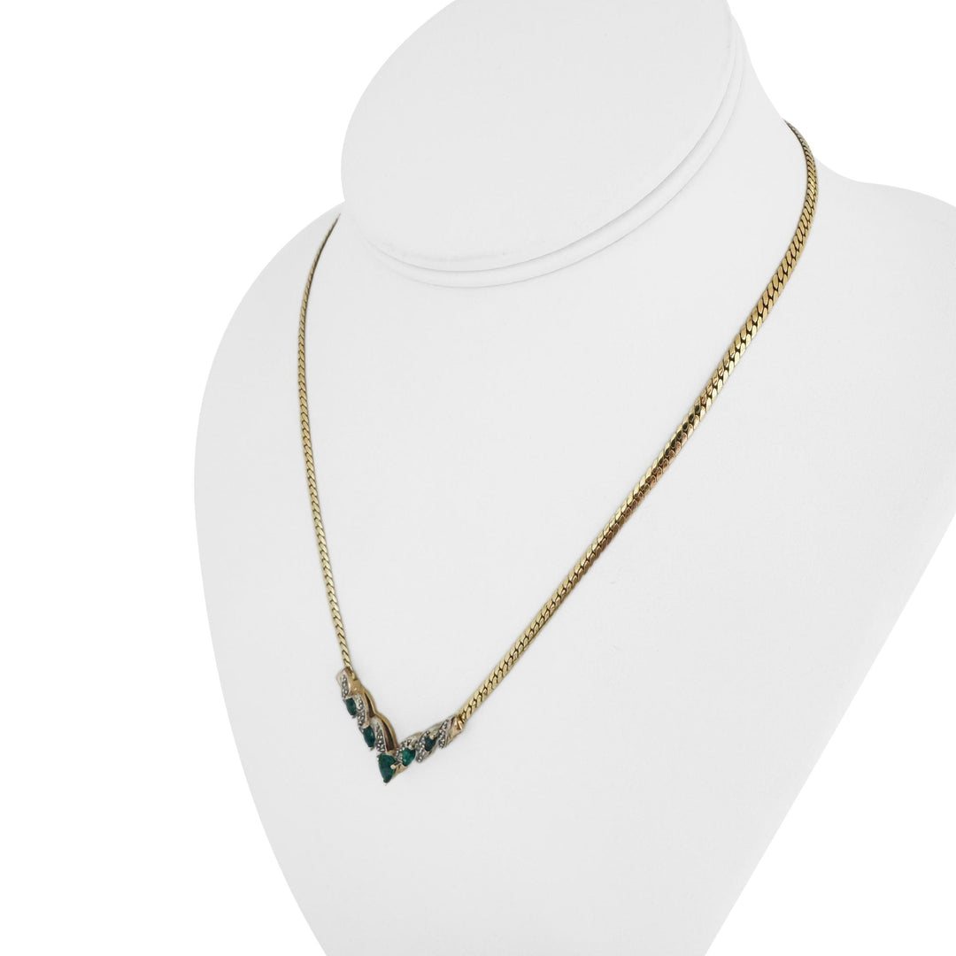 14k Yellow Gold 7.3g Emerald and Diamond Herringbone Pendant Necklace Italy 17"