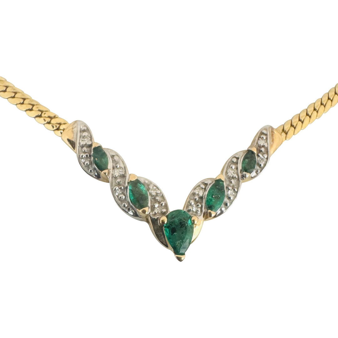 14k Yellow Gold 7.3g Emerald and Diamond Herringbone Pendant Necklace Italy 17"