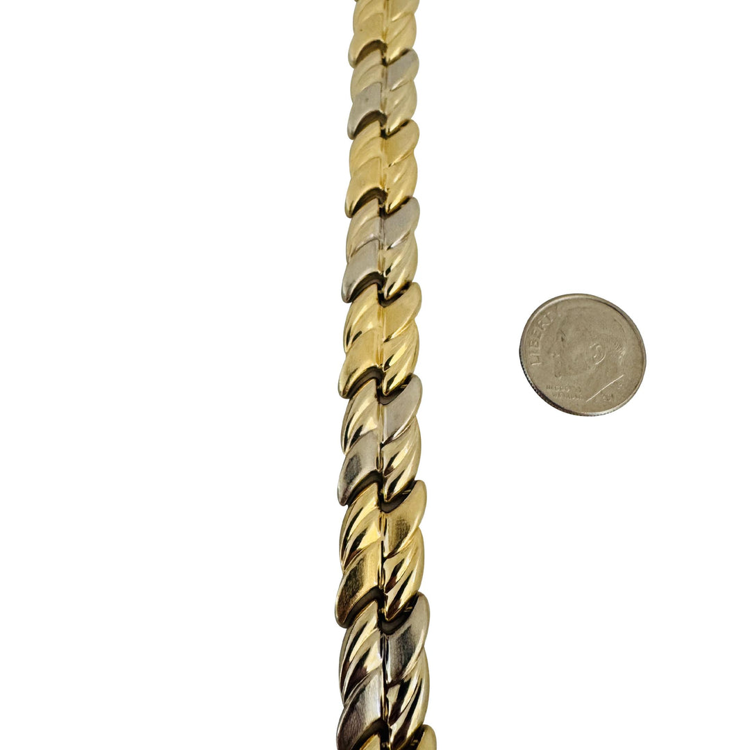 14k Yellow and White Gold 15.8g Two Tone 11mm Fancy Link Bracelet Italy 7.25"