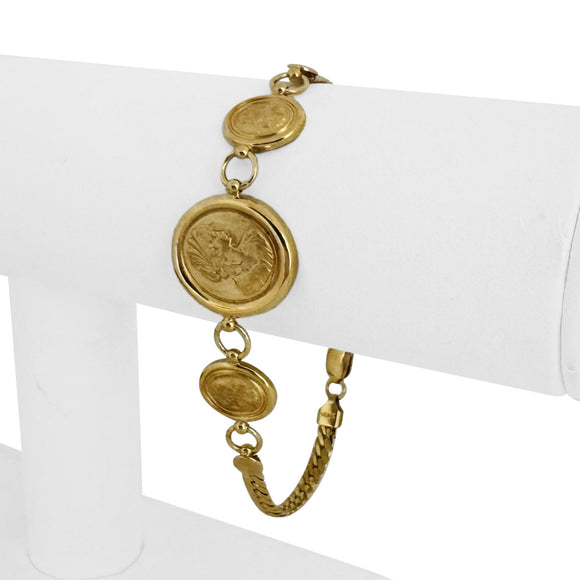 14k Yellow Gold 7.4g Portrait Medallion Flattened Curb Link Bracelet Italy 7.5