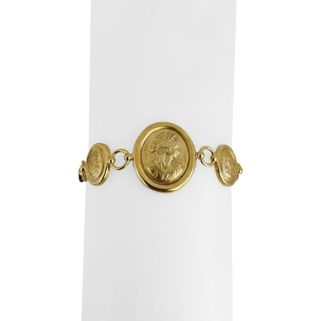 14k Yellow Gold 7.4g Portrait Medallion Flattened Curb Link Bracelet Italy 7.5"