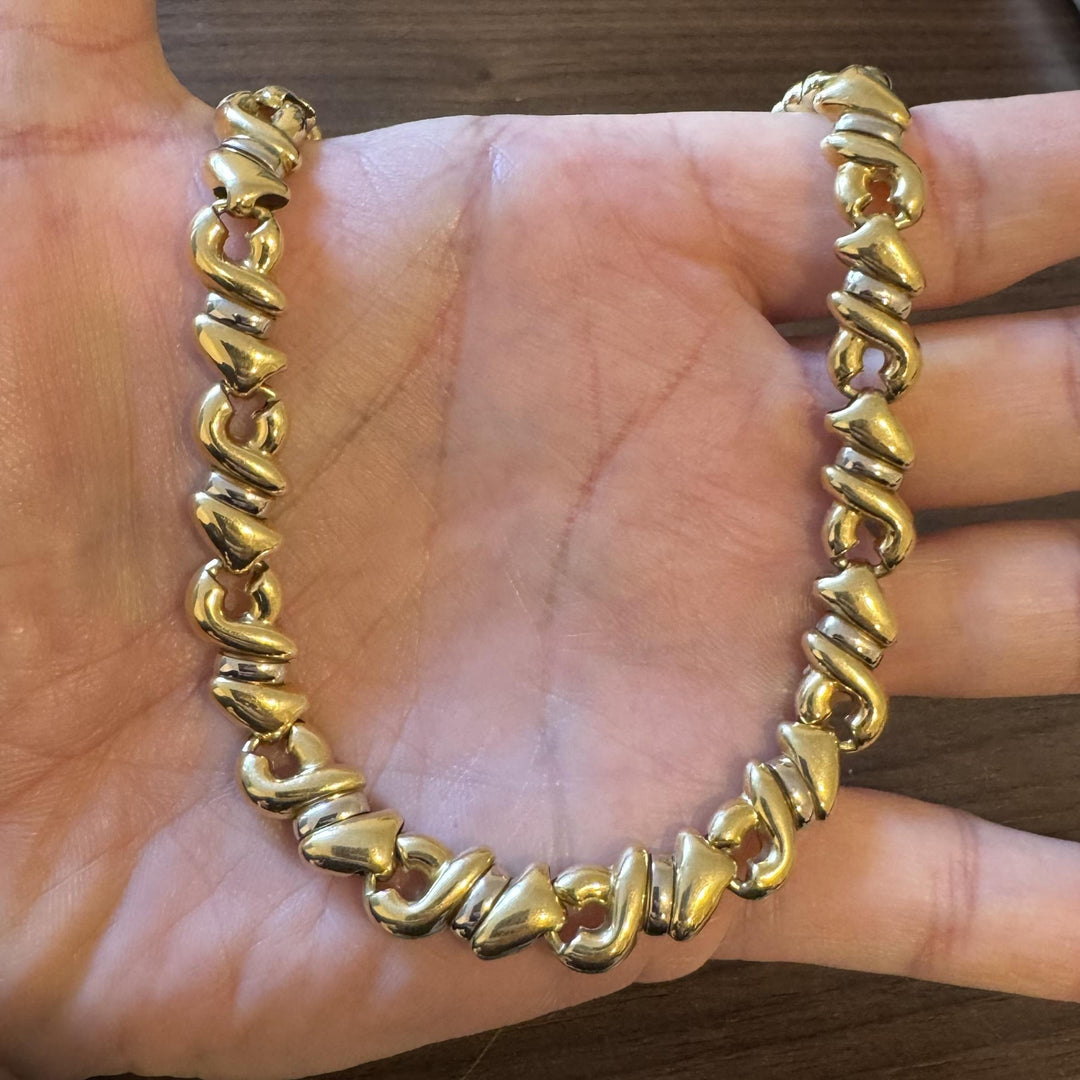 18k Yellow and White Gold 48.6g Vintage Thick Fancy Link Necklace Italy 16.5"