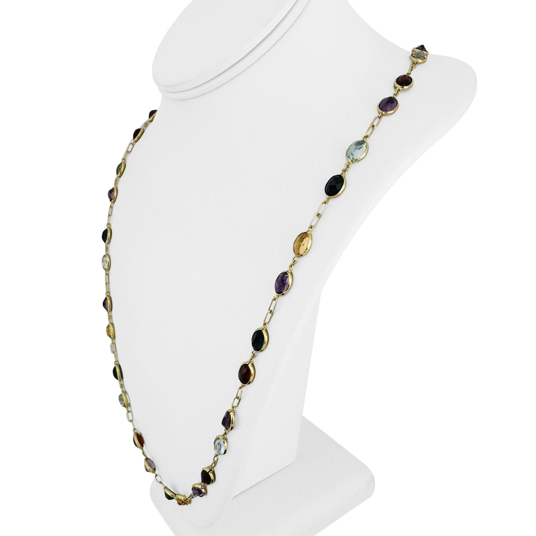18k Yellow Gold and Bezel Set Multi Gemstone 23.4g Ladies Long Link Necklace 30"