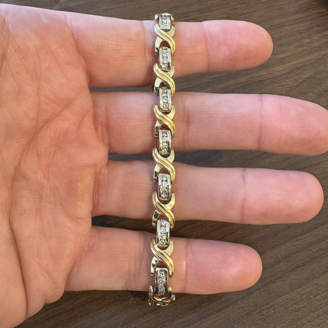 14k Yellow and White Gold 1cttw Diamond Solid 24.5g X Link Bracelet 7.25"