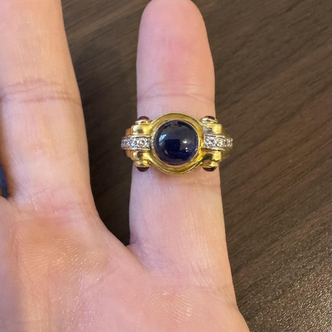 18k Yellow Gold 13g Cabochon Sapphire Ruby and Diamond Vintage Ring Size 6
