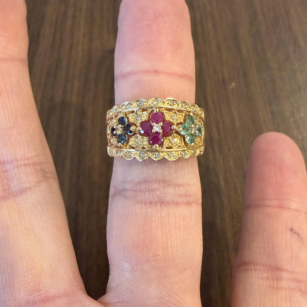 14k Yellow Gold Multi Gemstone and Diamond Ladies Floral Ring Size 7
