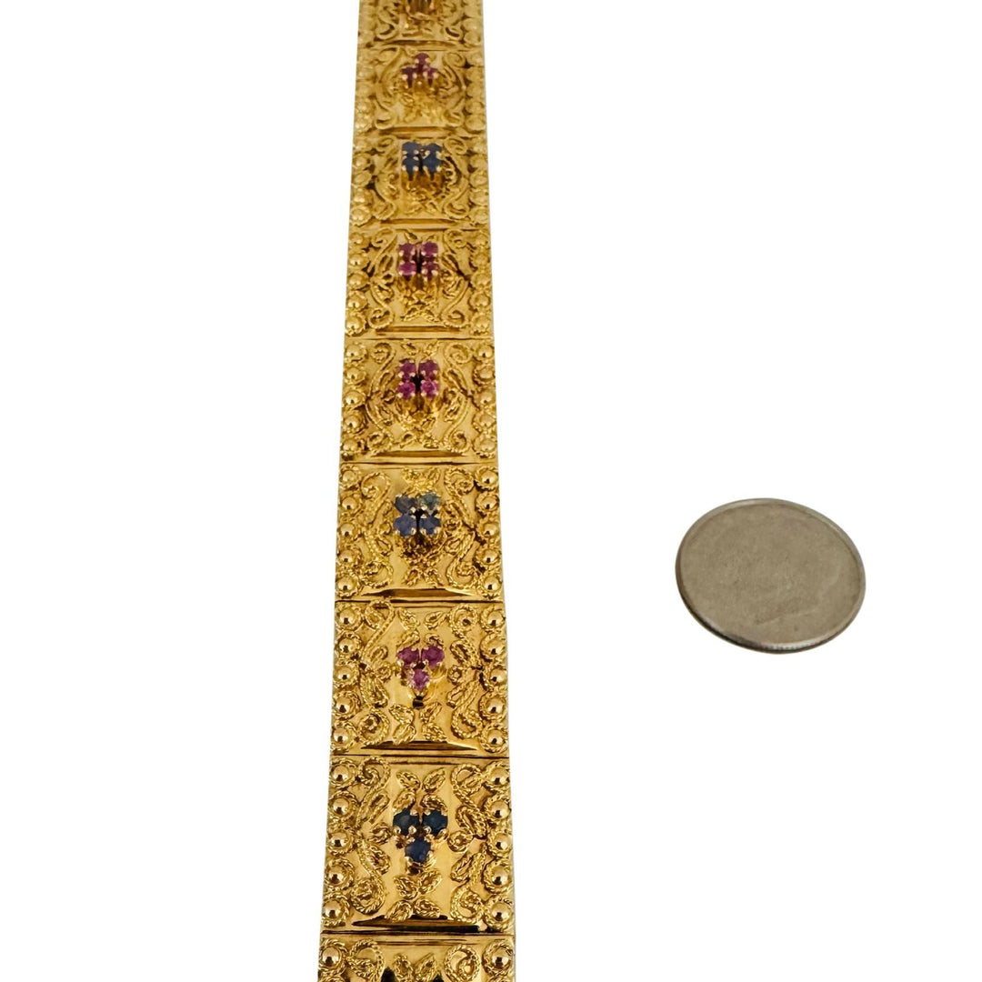 18k Yellow Gold 48.3g Ruby and Sapphire Vintage Panel Link Bracelet Italy 7.5"