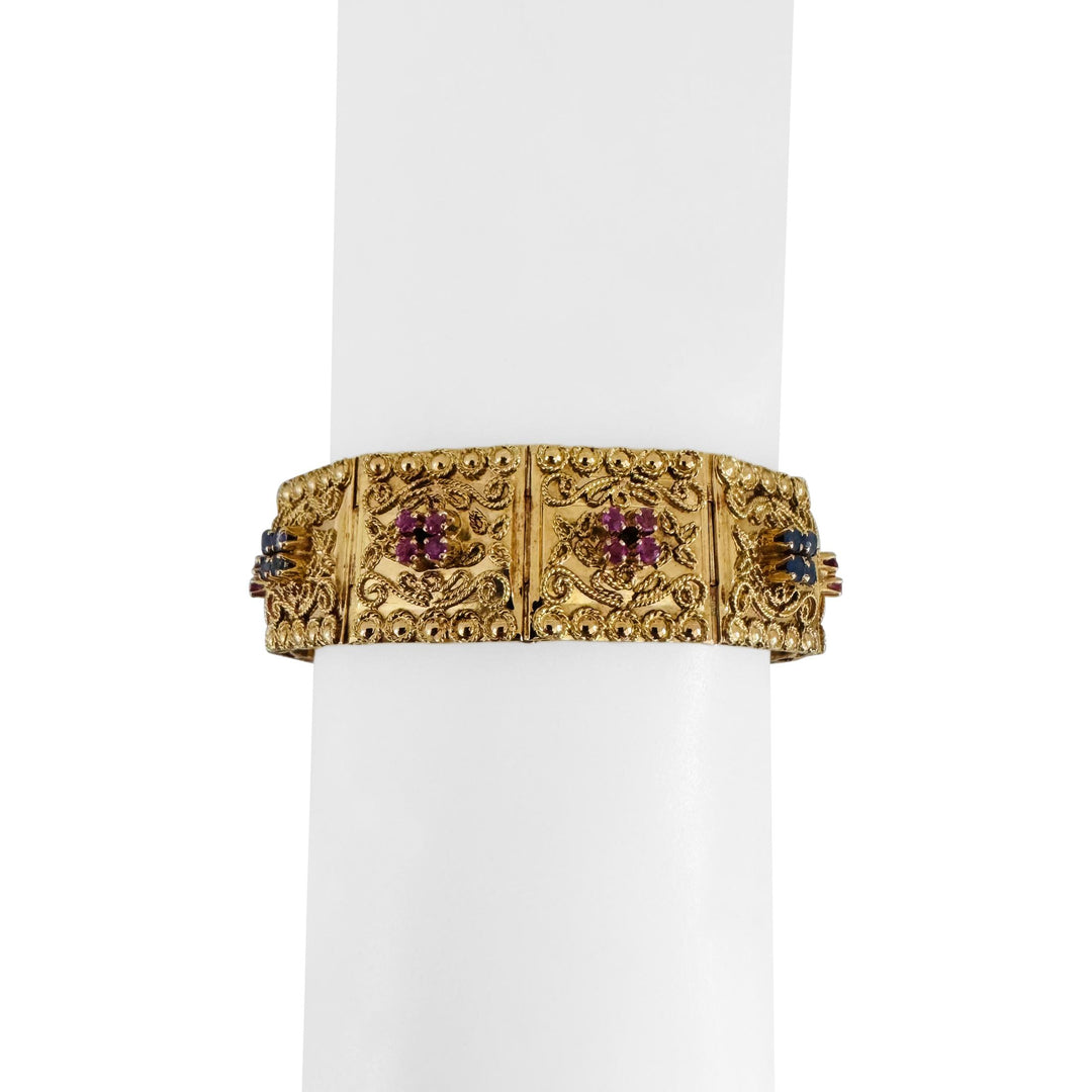 18k Yellow Gold 48.3g Ruby and Sapphire Vintage Panel Link Bracelet Italy 7.5"