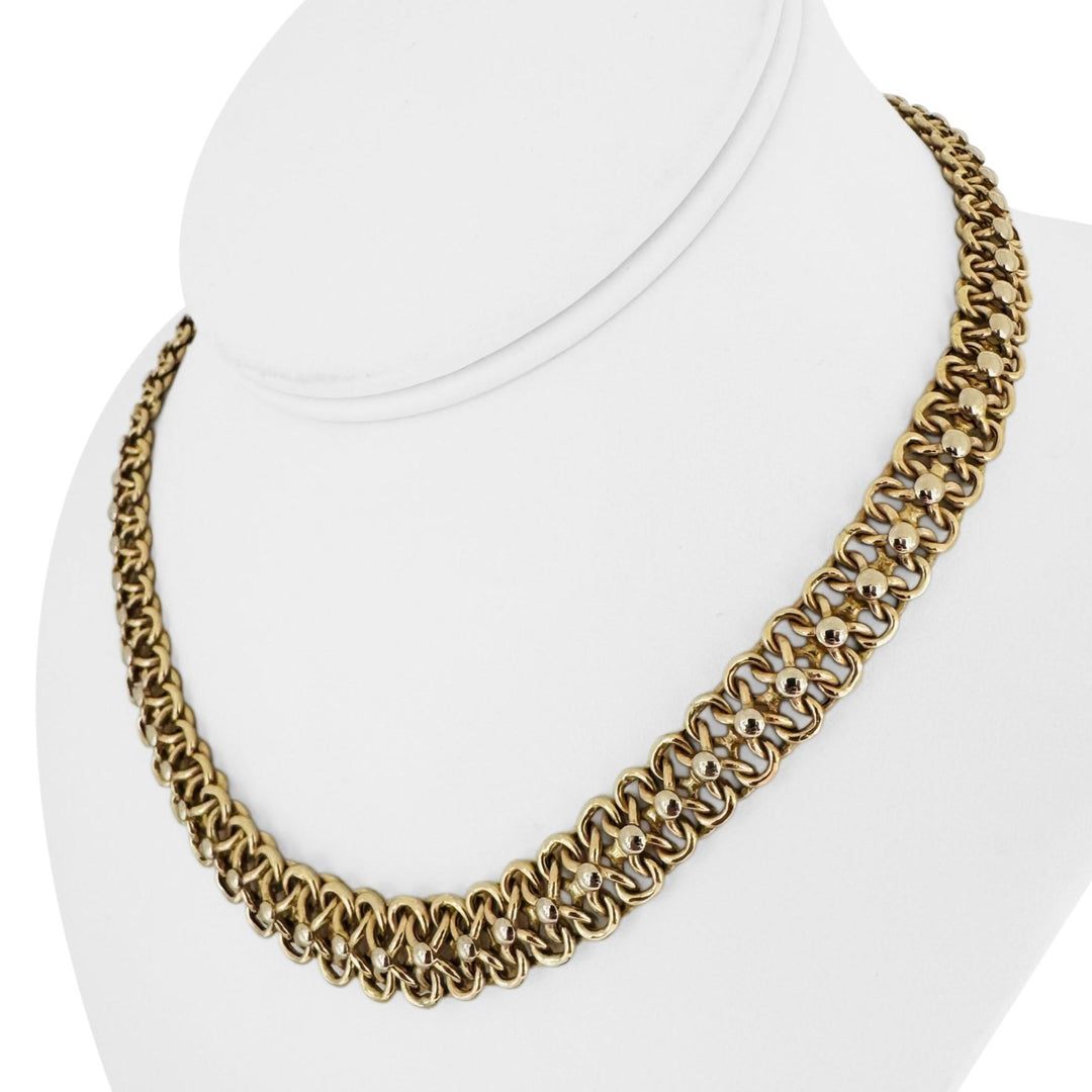 14k Yellow and White Gold 26.8g Graduated Beaded Fancy Link Necklace Italy 16.5"