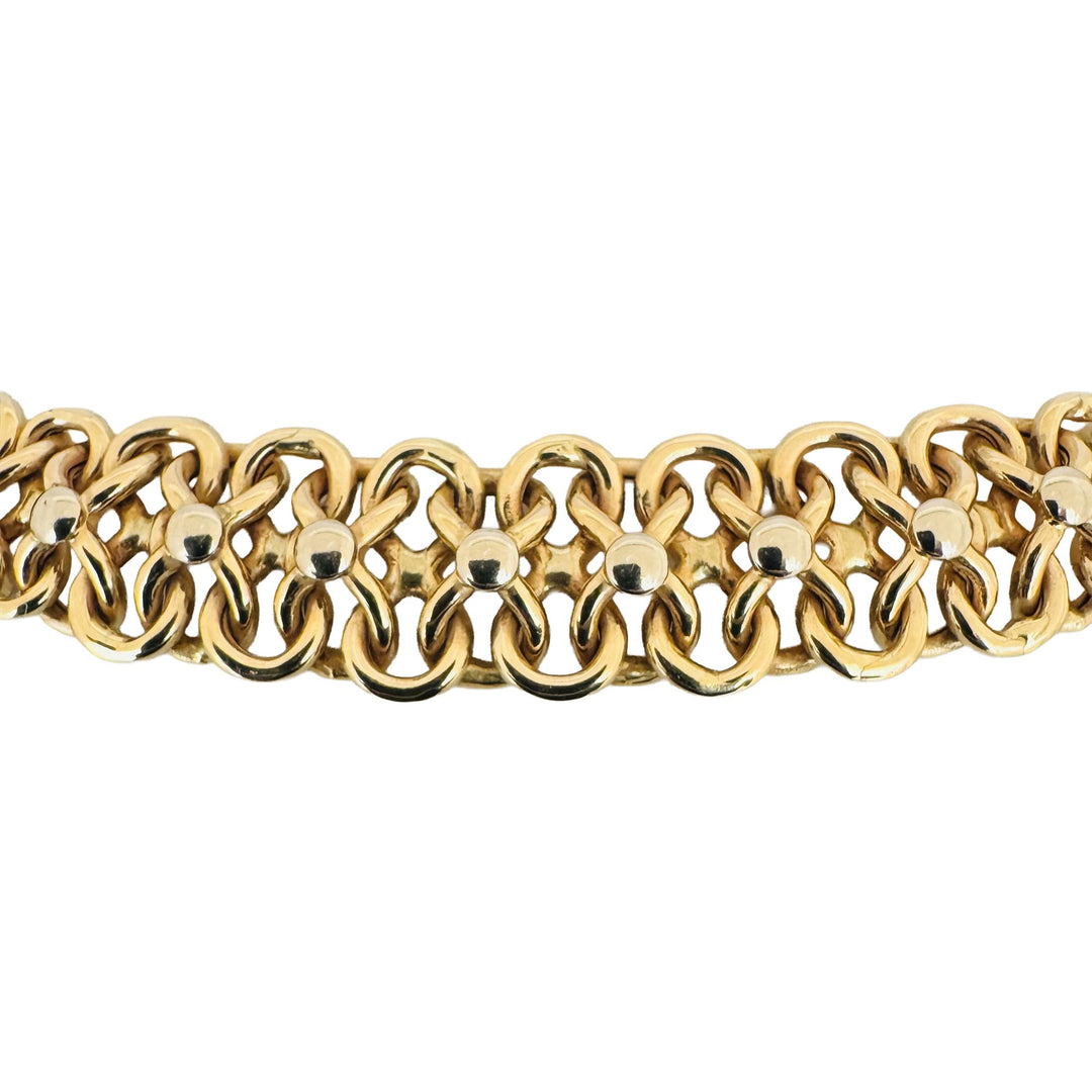 14k Yellow and White Gold 26.8g Graduated Beaded Fancy Link Necklace Italy 16.5"