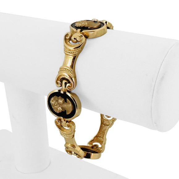 14k Yellow Gold and Onyx 34g Solid Heavy Cameo Link Bracelet 7