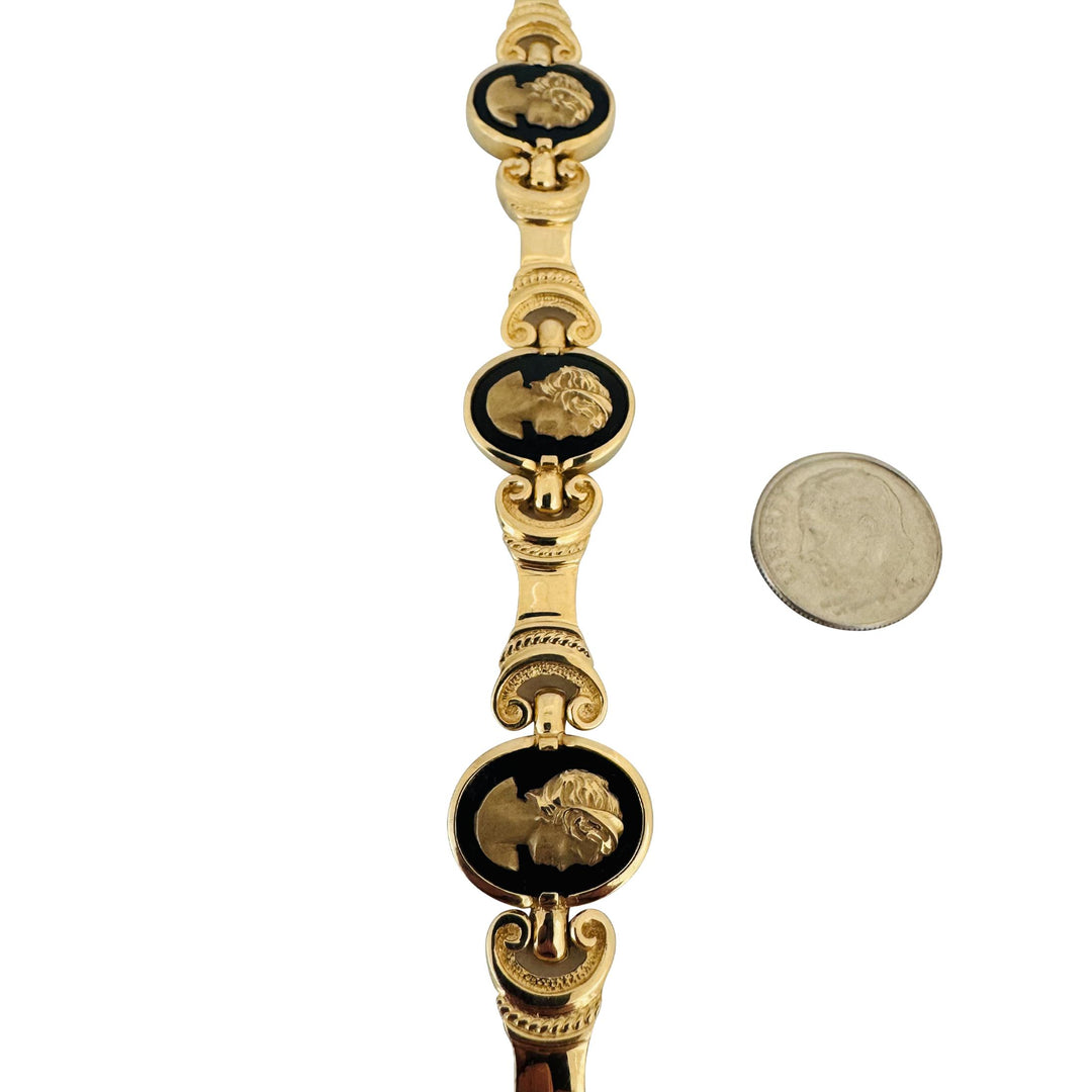 14k Yellow Gold and Onyx 34g Solid Heavy Cameo Link Bracelet 7"