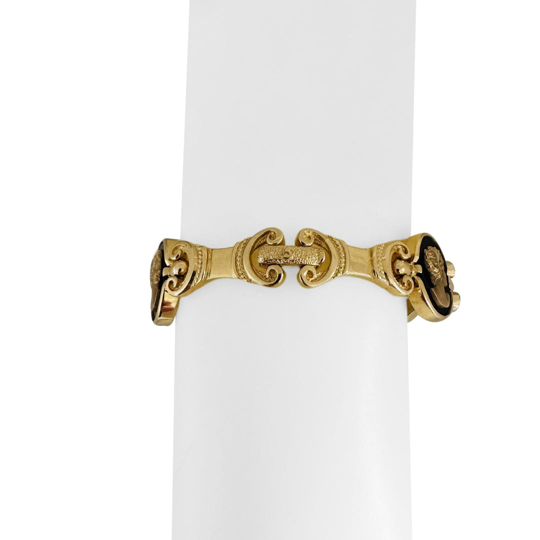 14k Yellow Gold and Onyx 34g Solid Heavy Cameo Link Bracelet 7"