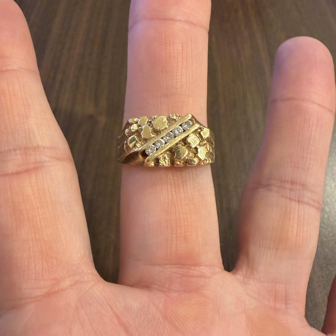 14k Yellow Gold and Diamond Vintage Men's Solid Nugget Ring Size 12.25