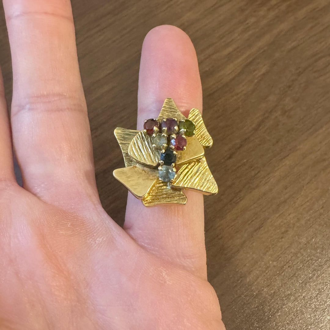 18k Yellow Gold 9.3g Solid Vintage Abstract Multi Gemstone Ring Size 8