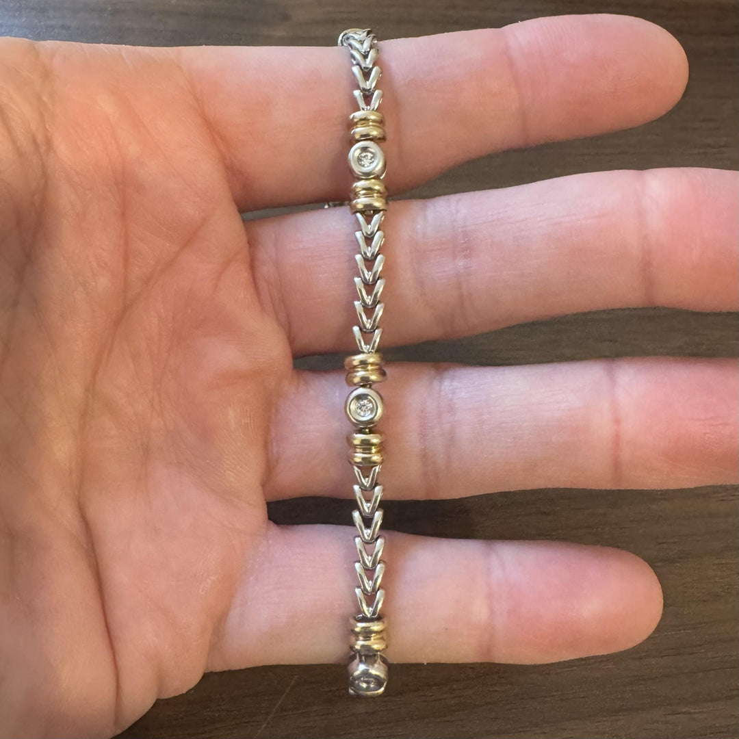 14k White and Yellow Gold Bezel Set Diamond Station Fancy Link Bracelet 7"