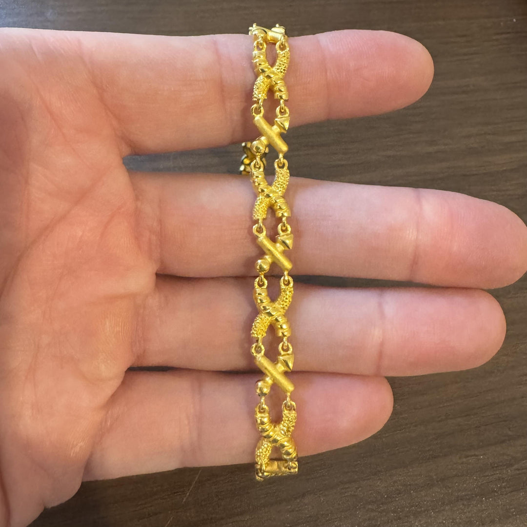 24k Pure Yellow Gold 24.3g Solid 8mm Fancy X Link Bracelet 7.25"