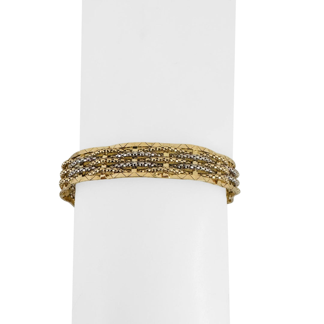 14k Yellow and White Gold 16.3g Braided Popcorn Link Bracelet Italy 7.25"