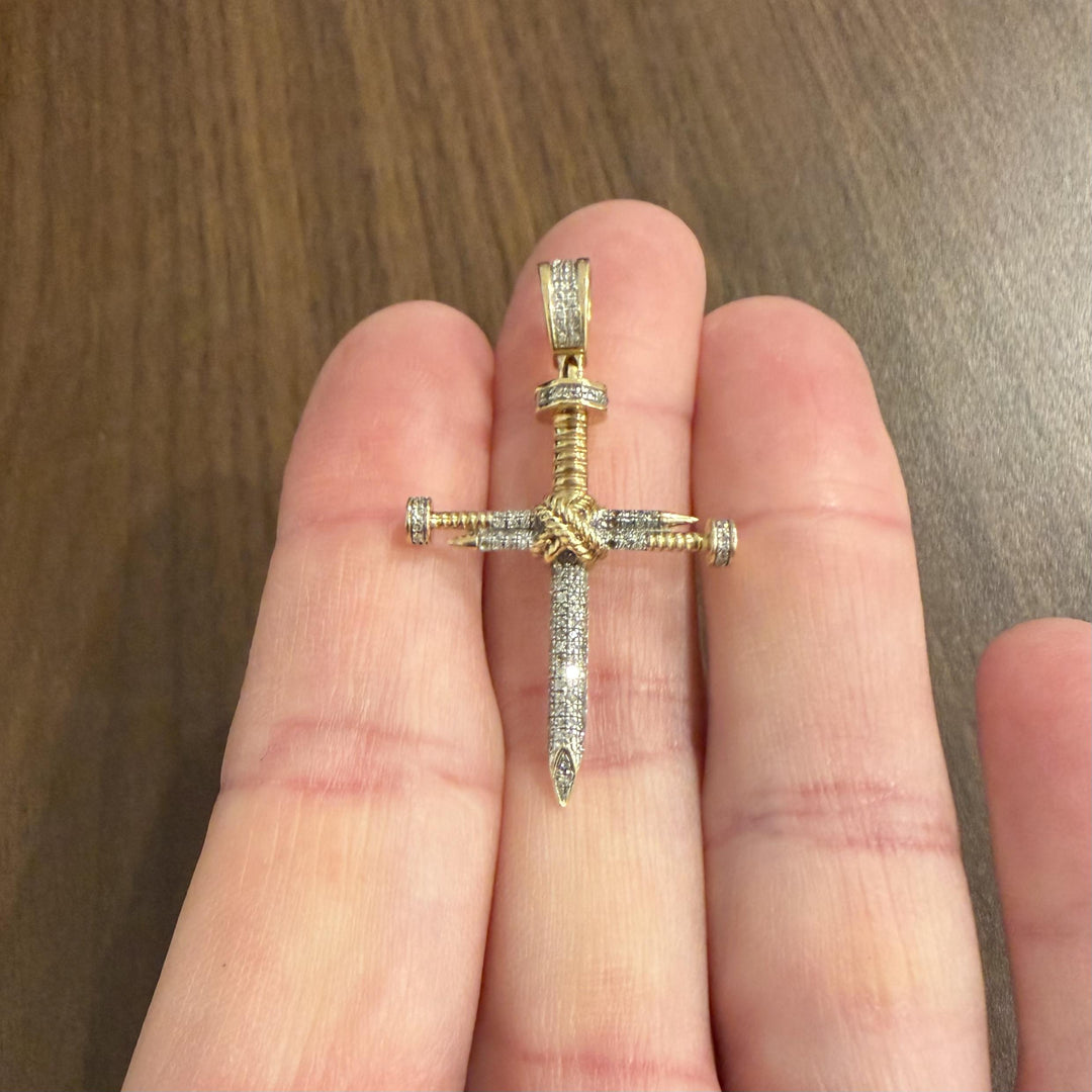 10k Yellow and White Gold Diamond Vintage Nail Cross Pendant 2"