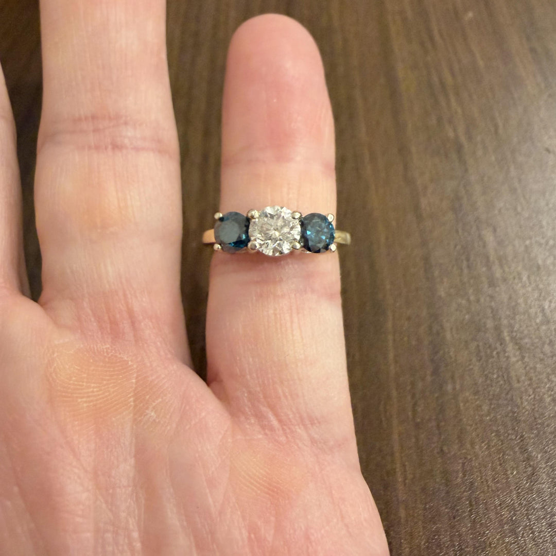 14k Yellow and White Gold 1.85cttw Three White and Blue Diamond Ring Size 6