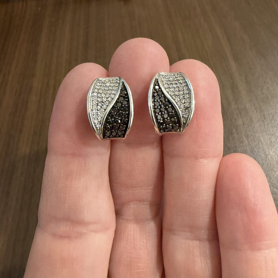 14k White Gold and 1cttw Black and White Diamond Huggie Earrings