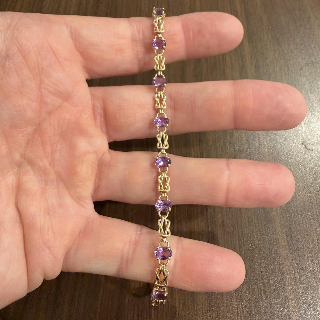 14k Yellow Gold and Amethyst 8g Ladies Fancy Link Bracelet 7.5"