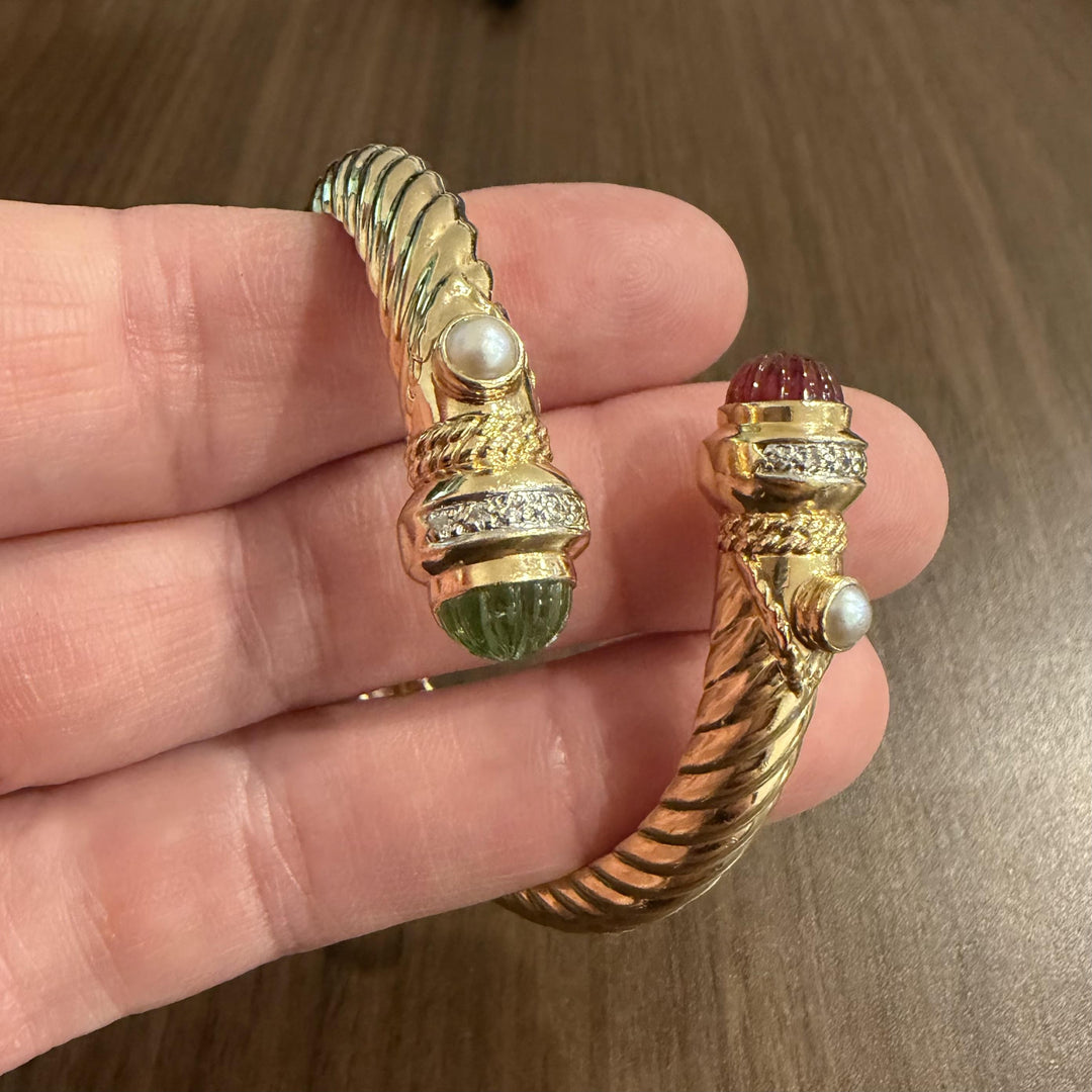 14k Yellow Gold 33.8g Pink and Green Tourmaline Diamond Bypass Bangle 6.5"