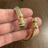 14k Yellow Gold 33.8g Pink and Green Tourmaline Diamond Bypass Bangle 6.5"