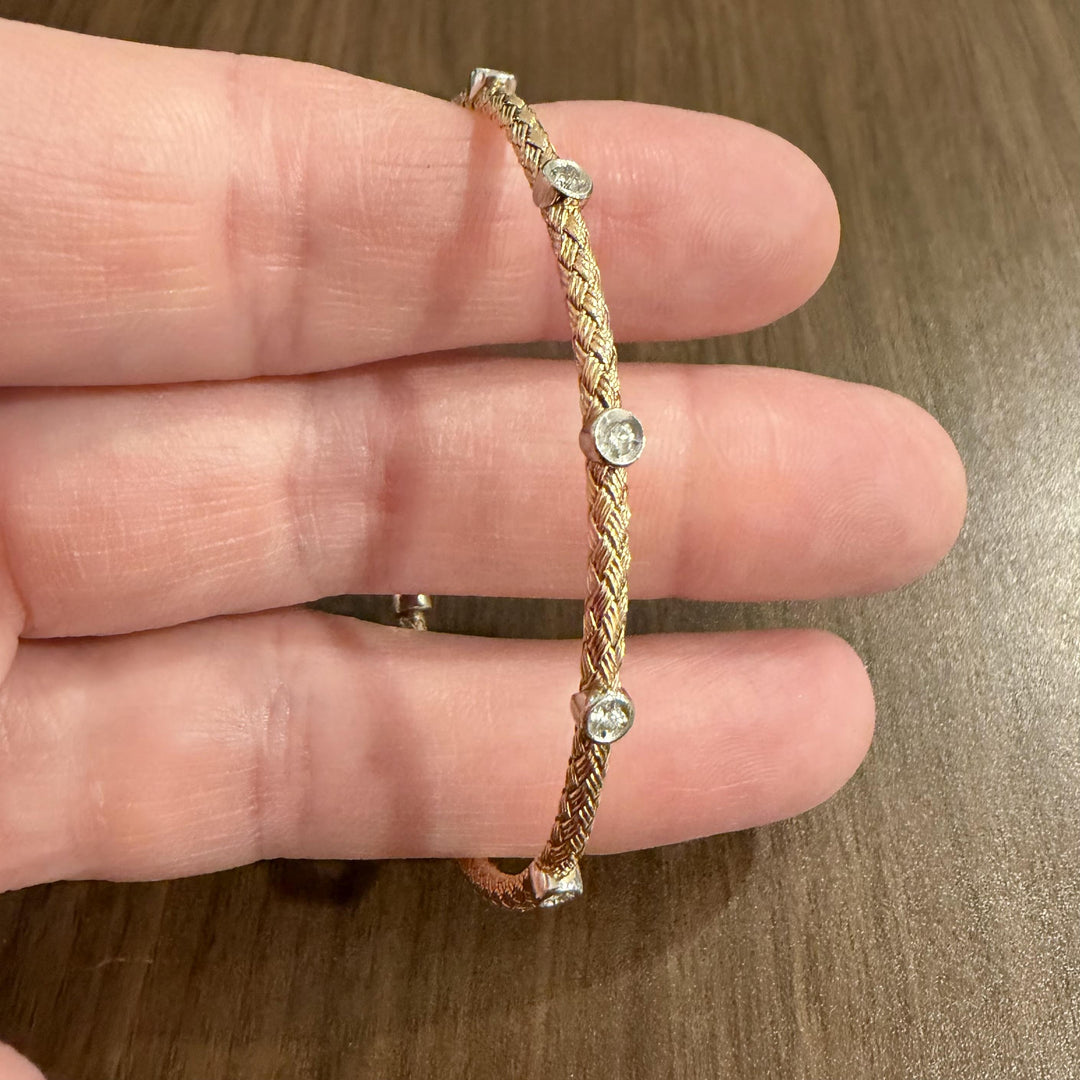 14k Rose and White Gold 0.10cttw Diamond Flex Bangle Bracelet Italy 7"