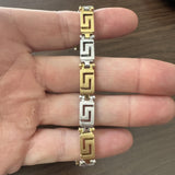 18k Yellow and White Gold 29g Heavy Brushed Finish Greek Key Link Bracelet 7.5"
