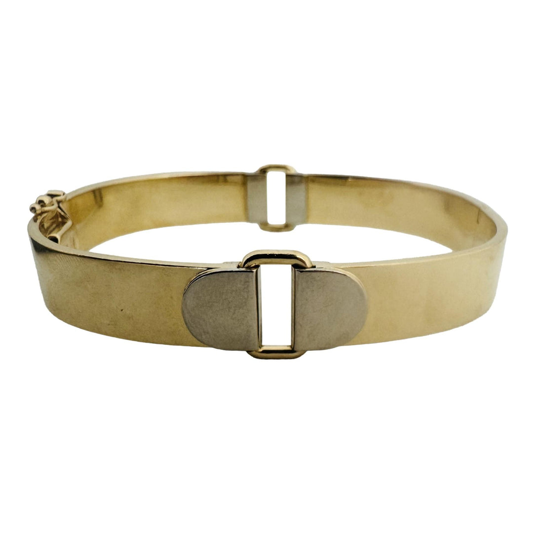 14k Yellow and White Gold 24.7g Solid Buckle Bangle Bracelet Italy 7"