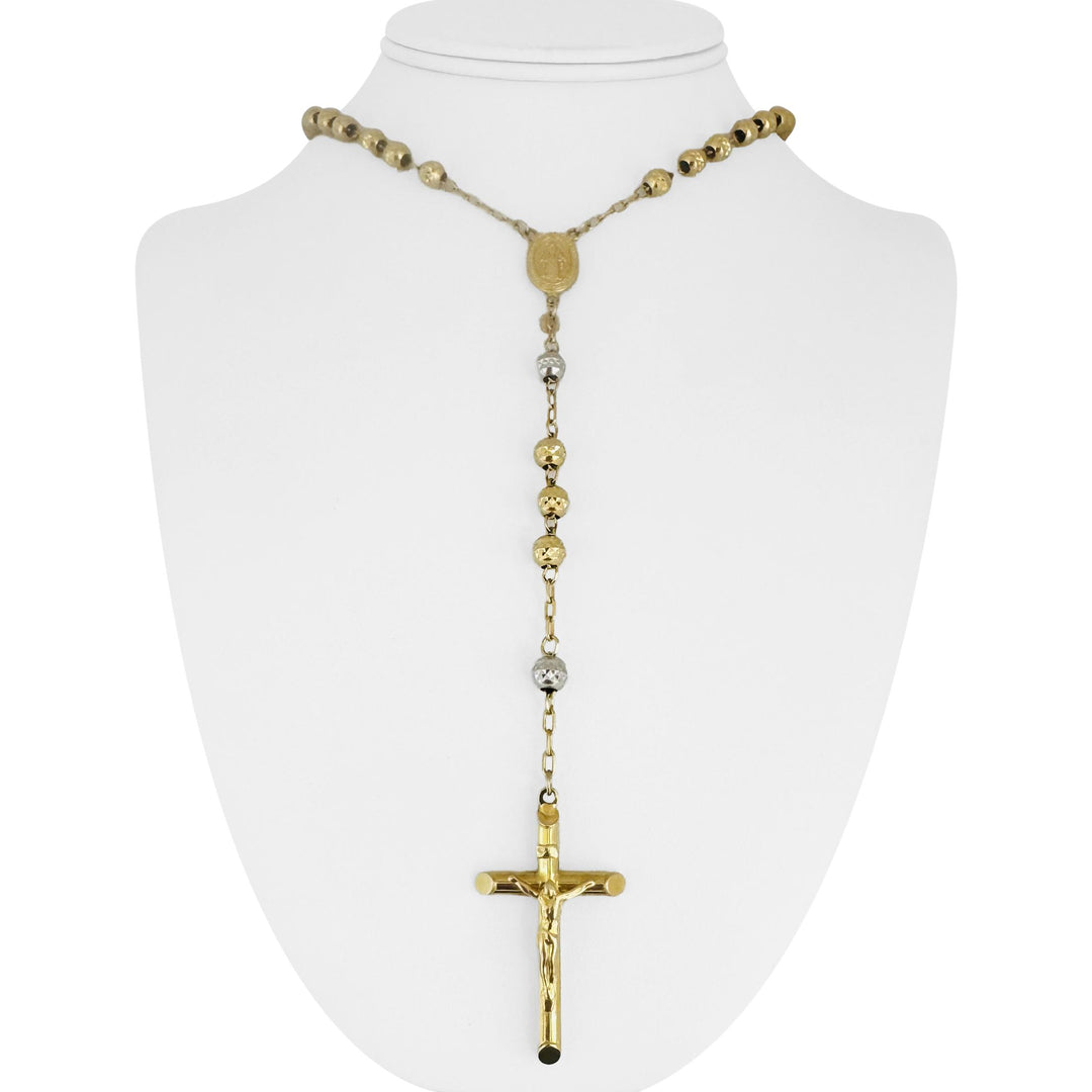 14k Yellow and White Gold 34g Vintage Diamond Cut Beaded Rosary Necklace 26"