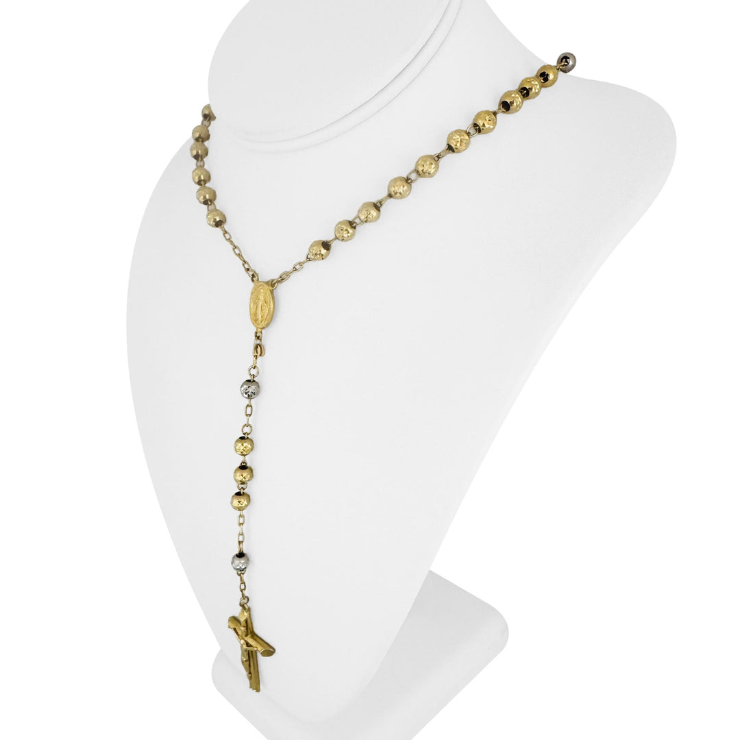14k Yellow and White Gold 34g Vintage Diamond Cut Beaded Rosary Necklace 26"