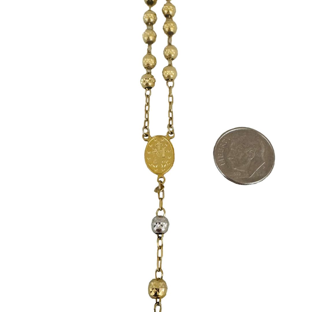 14k Yellow and White Gold 34g Vintage Diamond Cut Beaded Rosary Necklace 26"