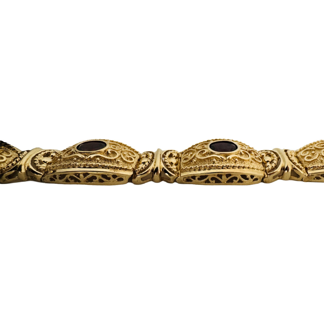 14k Yellow Gold and Garnet 29.3g Solid Vintage Panel Link Bracelet 7"
