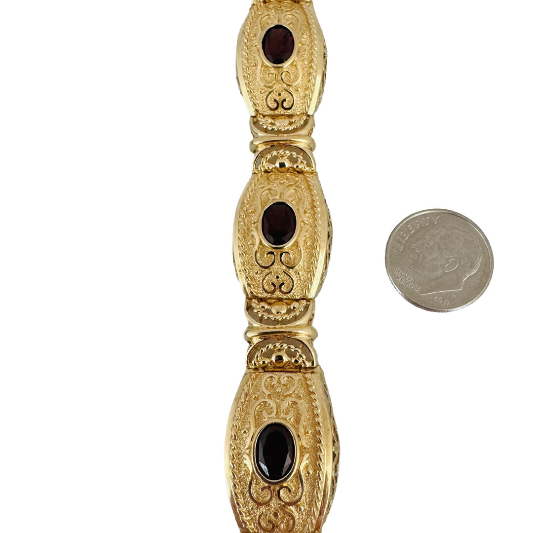 14k Yellow Gold and Garnet 29.3g Solid Vintage Panel Link Bracelet 7"