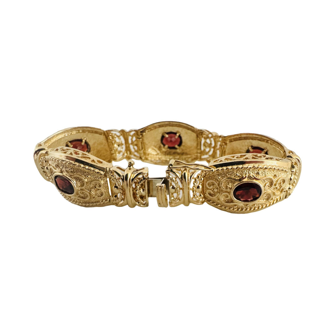 14k Yellow Gold and Garnet 29.3g Solid Vintage Panel Link Bracelet 7"