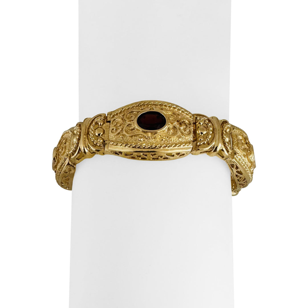 14k Yellow Gold and Garnet 29.3g Solid Vintage Panel Link Bracelet 7"