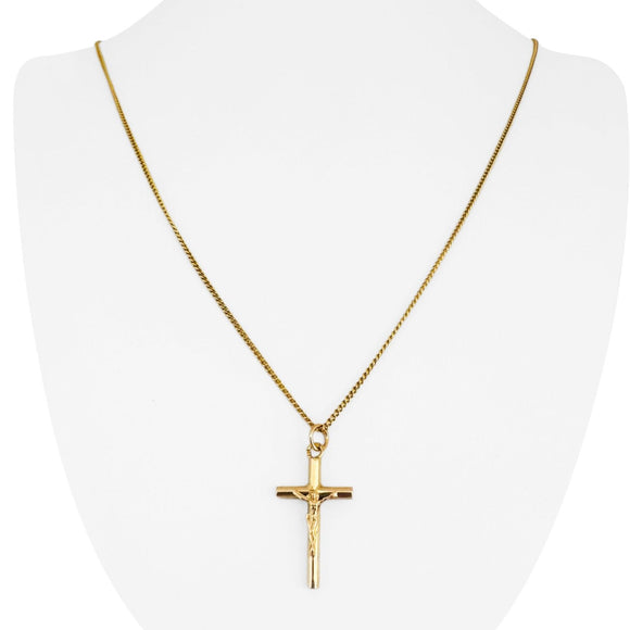 19k Portuguese Yellow Gold 5.8g Curb Chain and Crucifix Pendant Necklace 24
