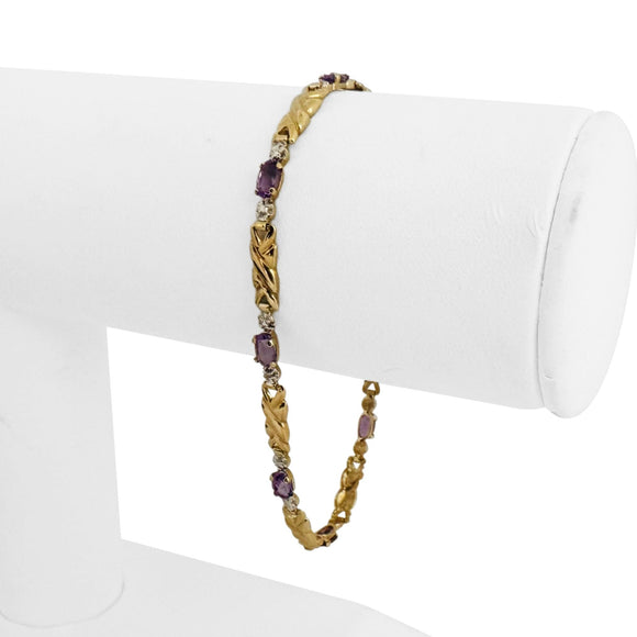 14k Yellow Gold Amethyst and Diamond 4.5g Ladies Fancy Link Bracelet 7