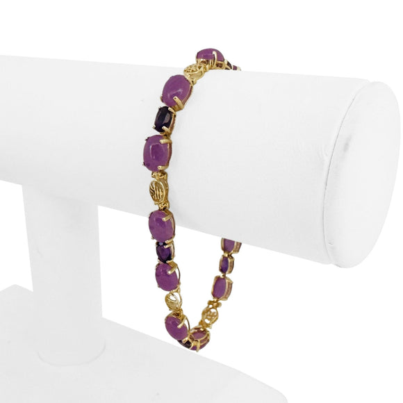 14k Yellow Gold Lavender Jade and Amethyst 9.4g Asian Link Bracelet 7.25