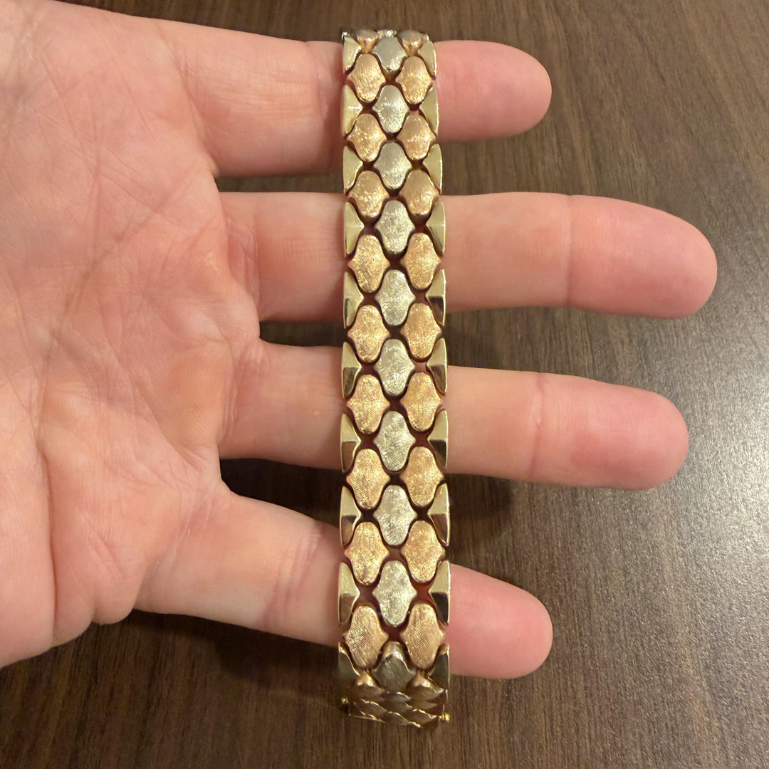 14k Yellow White and Rose Gold 36.8g Heavy Vintage Fancy Link Bracelet 7.25"