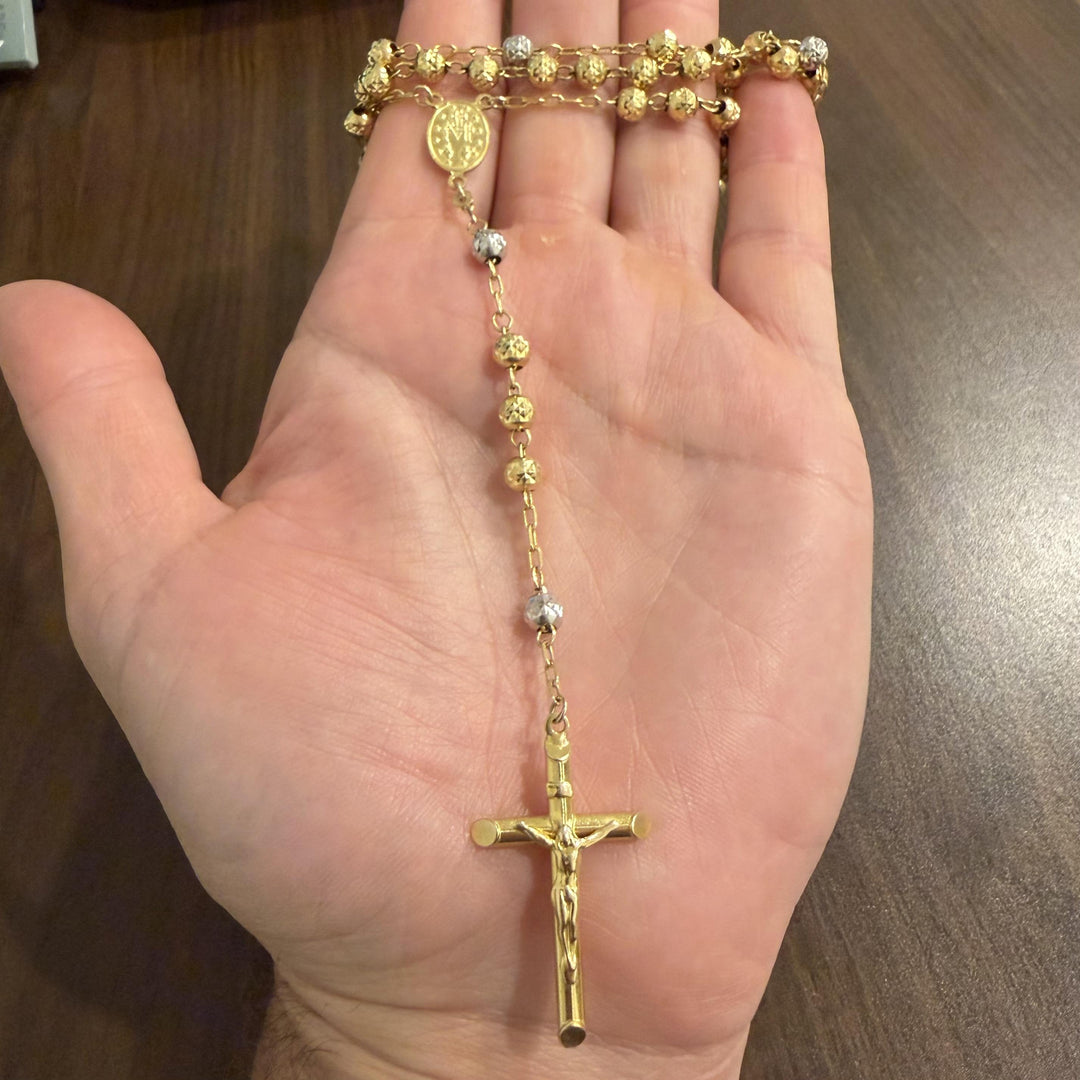 14k Yellow and White Gold 34g Vintage Diamond Cut Beaded Rosary Necklace 26"