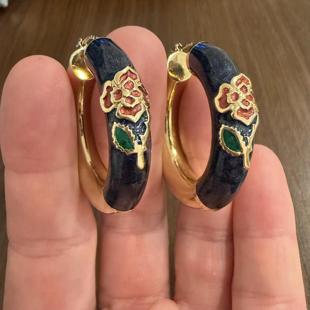 14k Yellow Gold and Enamel 14.5g Large Thick Floral Hoop Earrings Italy 1.75"