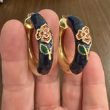 14k Yellow Gold and Enamel 14.5g Large Thick Floral Hoop Earrings Italy 1.75"