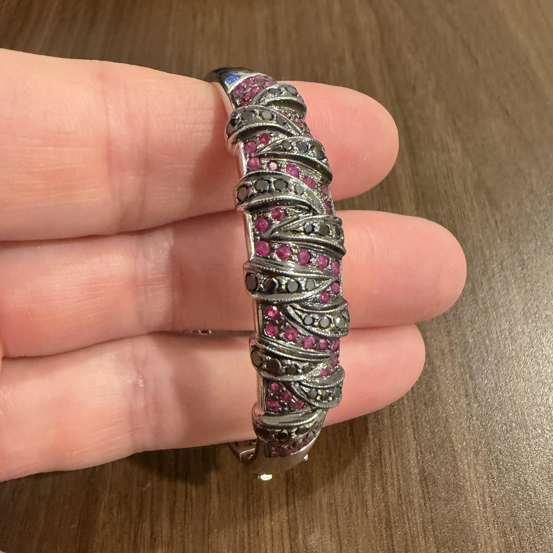 14k White Gold Pink Sapphire and Black Diamond Solid Bangle Bracelet 7"