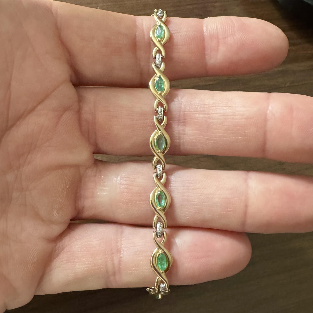 14k Yellow Gold Emerald and Diamond Ladies Fancy Link Bracelet 6.5"