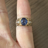14k Yellow Gold 2ct Blue Sapphire and Diamond Ladies Vintage Ring Size 5.25