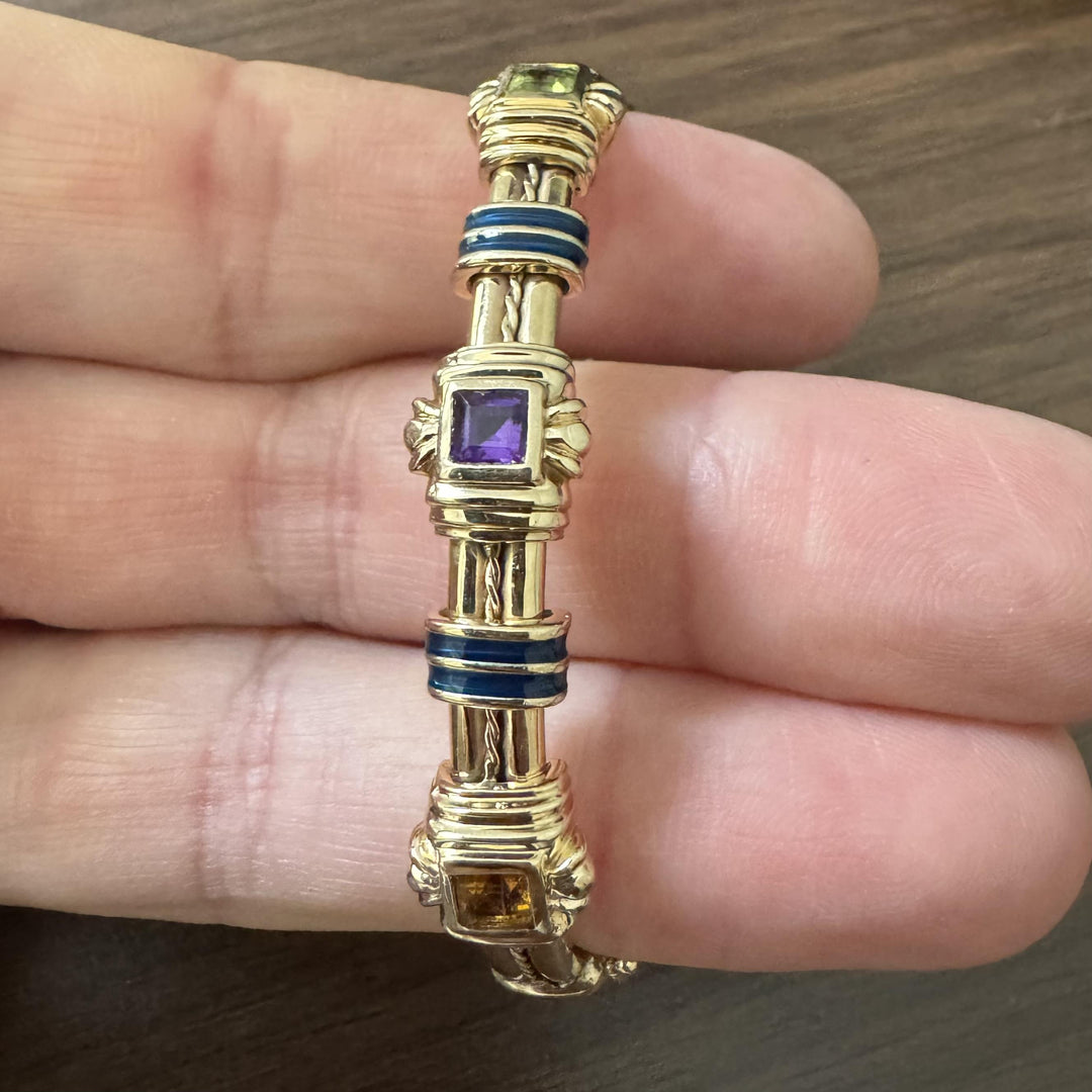 14k Yellow Gold and Multi Gemstone 23.8g Solid Heavy Bangle Bracelet 6.5"